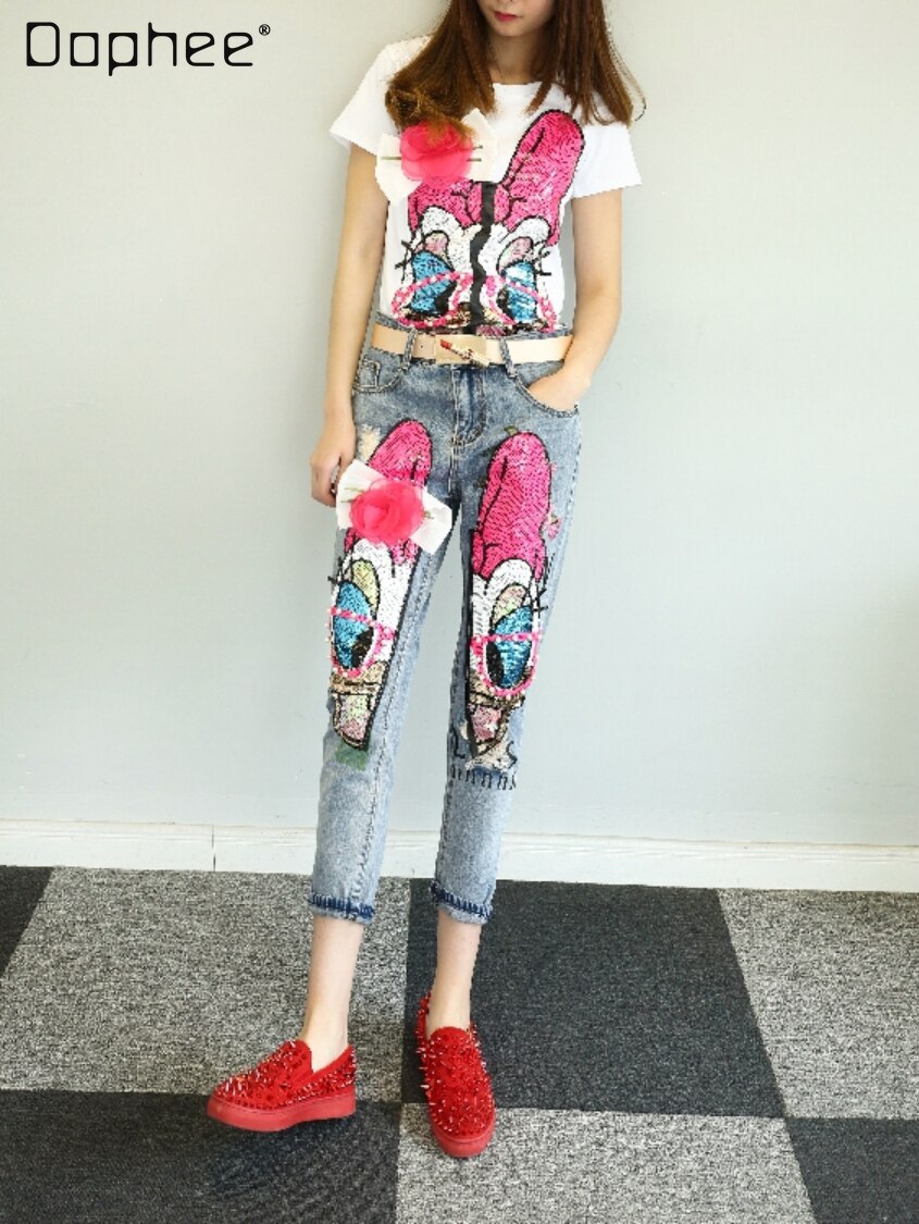 Summer Women High Waisted Jeans Sweet Pink Cartoon Sequins Worn Casual Ankle Banded Pants Fenmale High Street Croppe